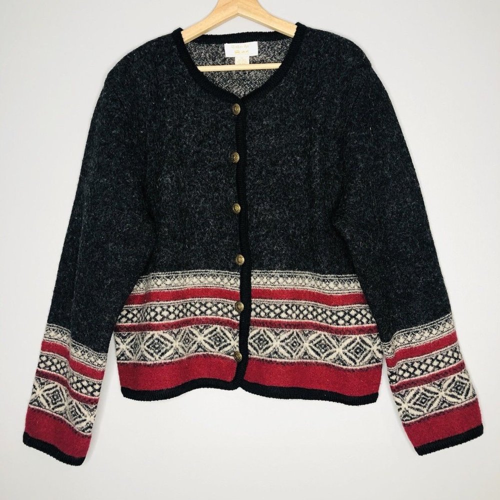 VTG Tally Ho Gray Jacket XL 100% Wool Fair Isle Long Sleeve Cardigan Sweater Top